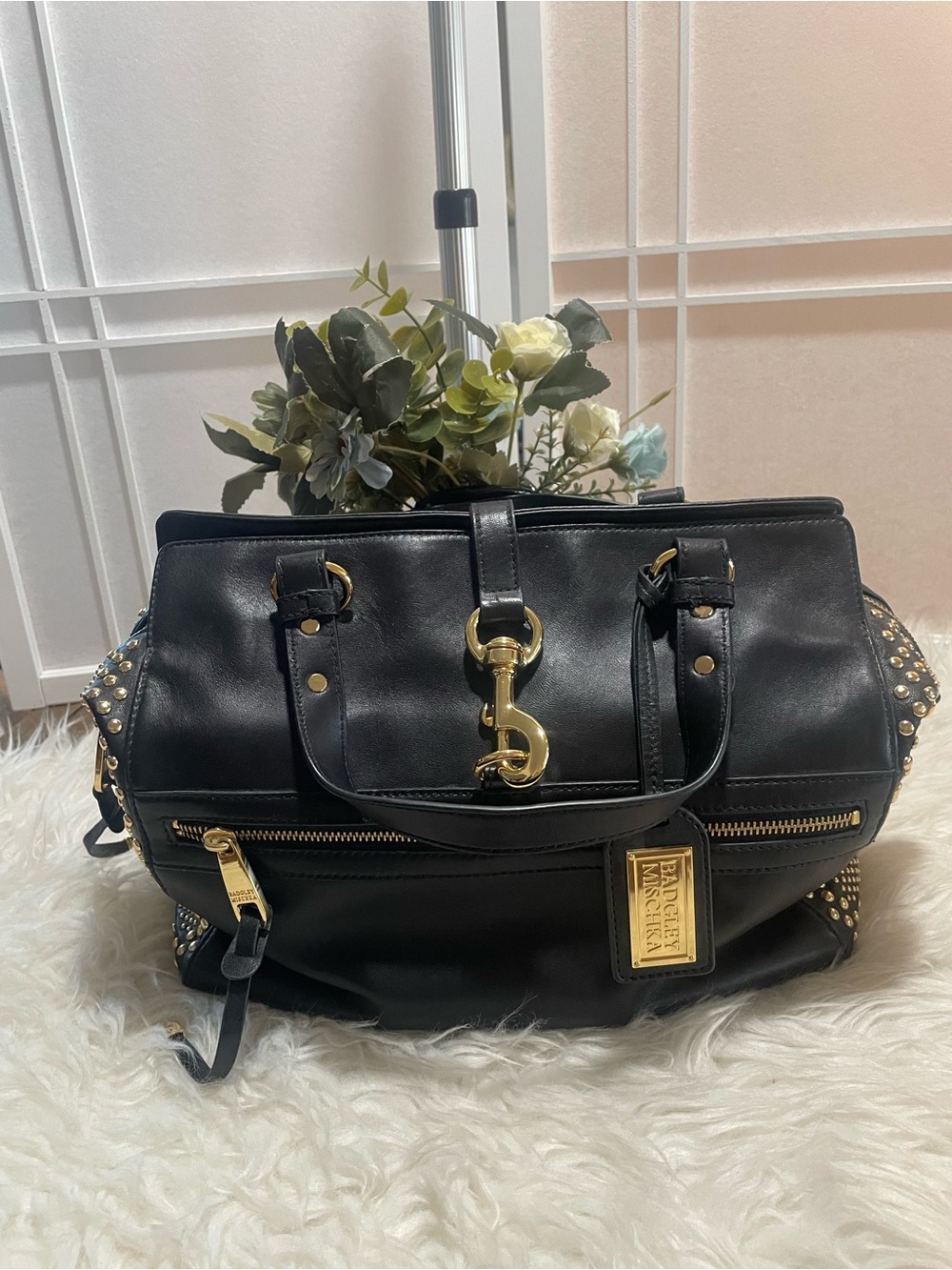 Badgley Mischka Satchel Black, Gold Studded and gold Hardware, Crossbody Handbag